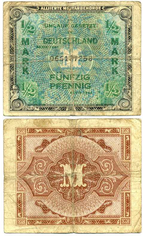 ГЕРМАНИЯ 1/2 МАРКИ 1944 ОККУПАЦМИЯ ГЕРМАНИИ, ВТОРАЯ МИРОВАЯ ВОЙНА, 9 ЦИФР В СЕРИИ Pick 192b бумага 7551-24-3-2