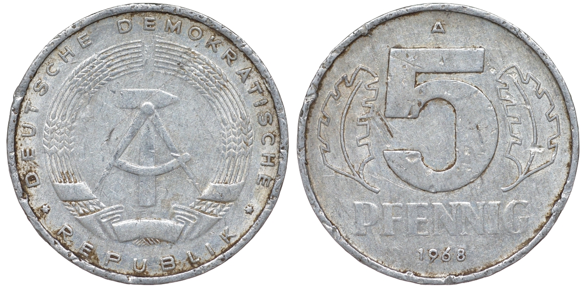 ГДР 5 пфеннигов 1968 A KM 9.1 алюминий 62-221