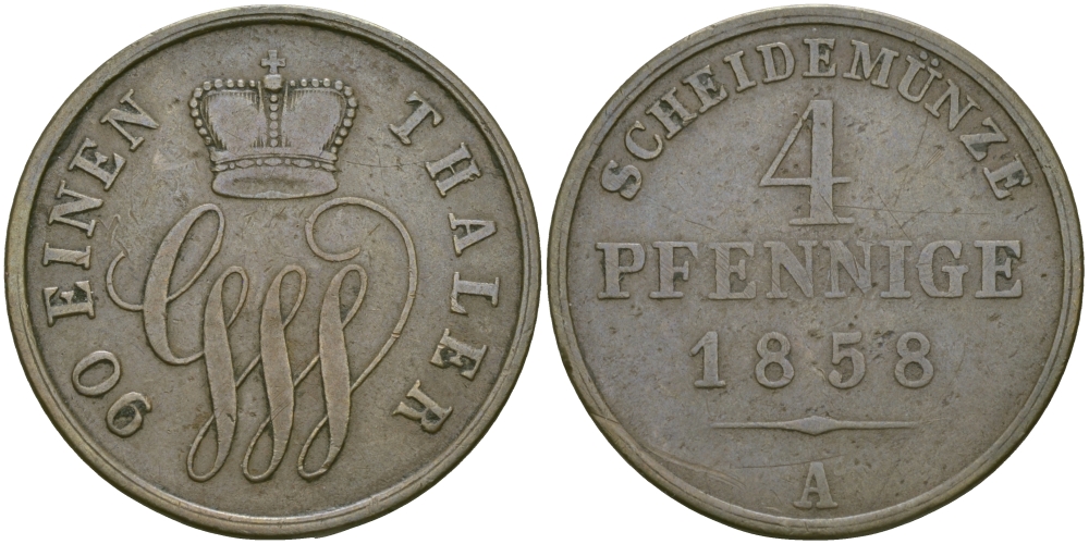 Шаумбург-Липпе 4 пфеннига 1858 А, Георг Вильгельм (1787-1860) KM 40 медь 65-631