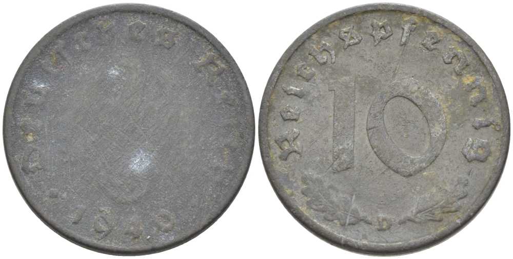ГЕРМАНИЯ 10 РЕЙХСПФЕННИГОВ 1940 D KM 101, J. 371 цинк 210-733