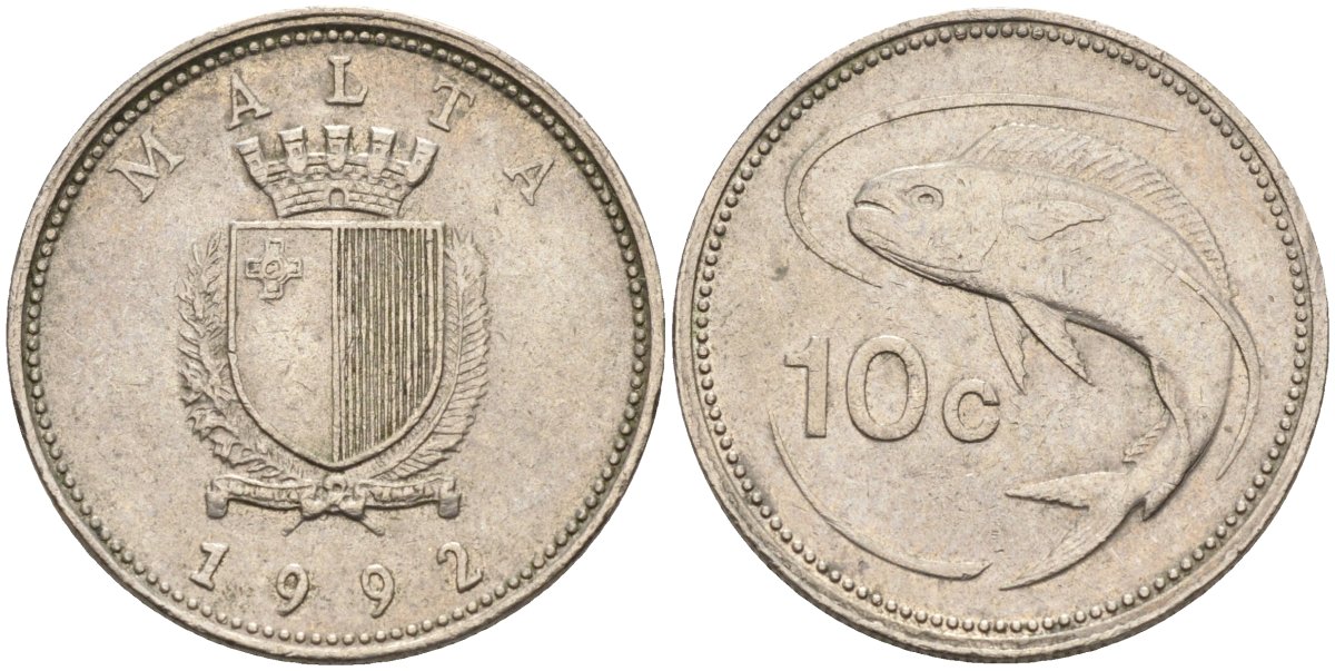 Мальта 10 центов 1992 золотая макрель KM 96 медно-никель 4588-237