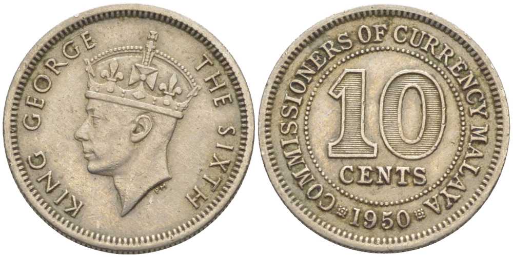 Британская Малайя 10 центов 1950 Георг VI (1937-1952) KM 8 медно-никель 116-911