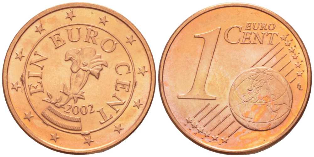 Австрия 1 евроцент 2002 KM 3082 сталь плакированная медью UNC 39-431