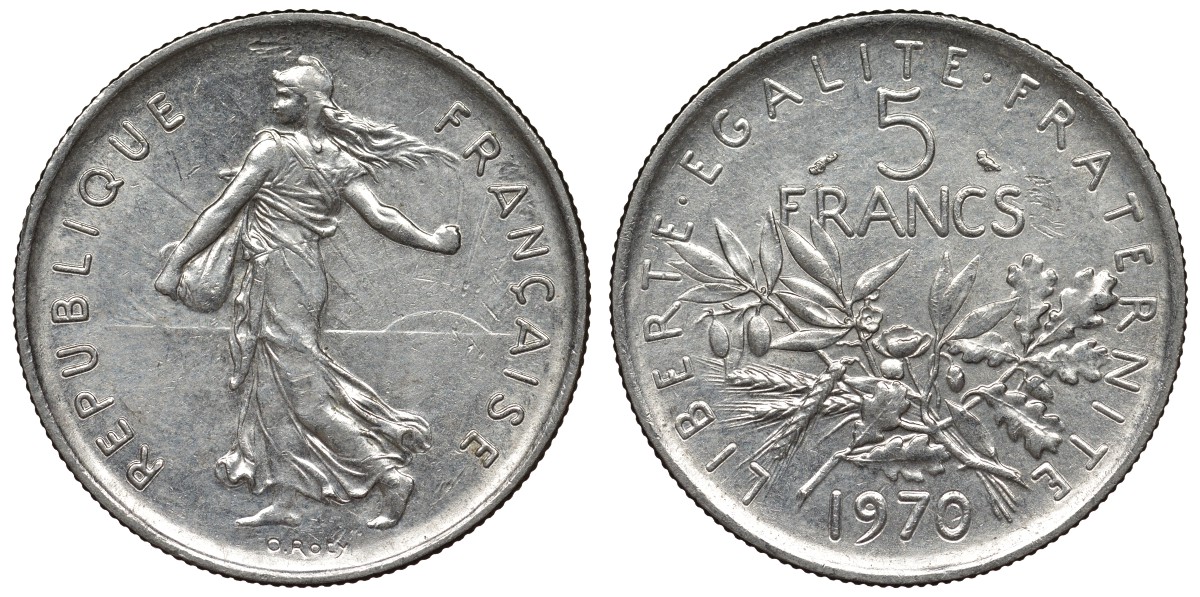 Франция 5 франков 1970 сеятель KM 926а.1, Le Franc 341.2 никель плакированный медно-никелем 4123-445