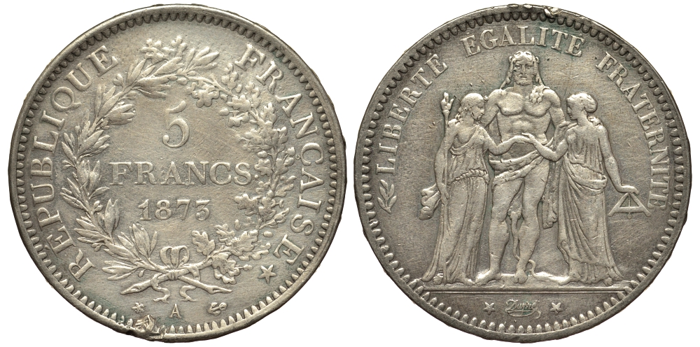 Франция 5 франков 1873 А, Геракл с богинями равенства и братства KM 820.1 серебро 1521-531