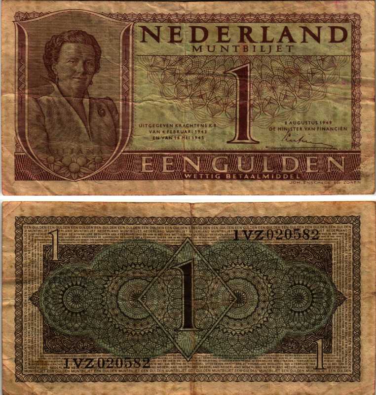 НИДЕРЛАНДЫ 1 ГУЛЬДЕН 1949 8 АВГУСТА 1949, КОРОЛЕВА ЮЛИАНА Pick 72 бумага 8564-21-2-1
