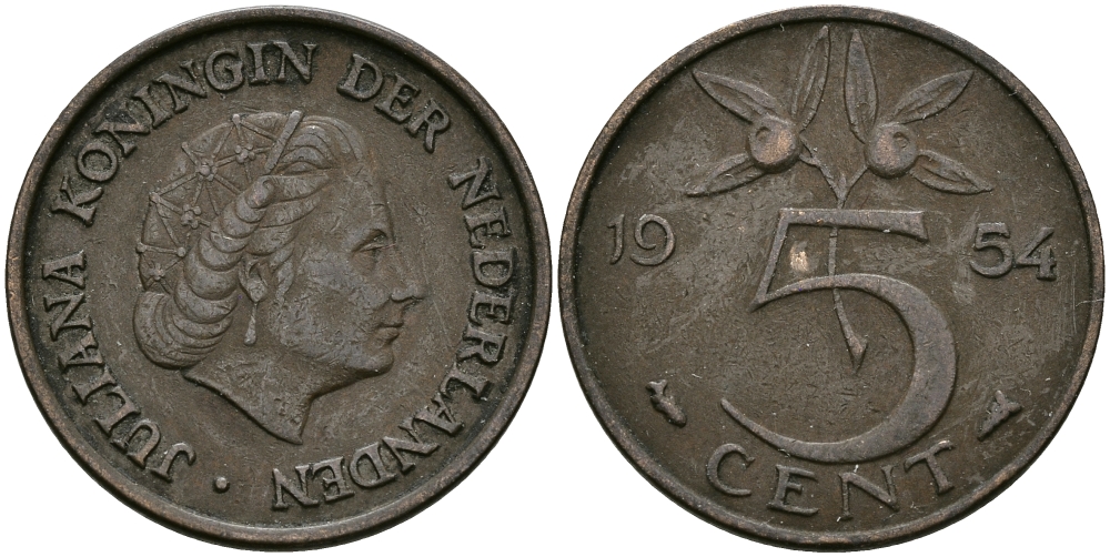 НИДЕРЛАНДЫ 5 ЦЕНТОВ 1954 ЮЛИАНА KM 181 бронза 95-312