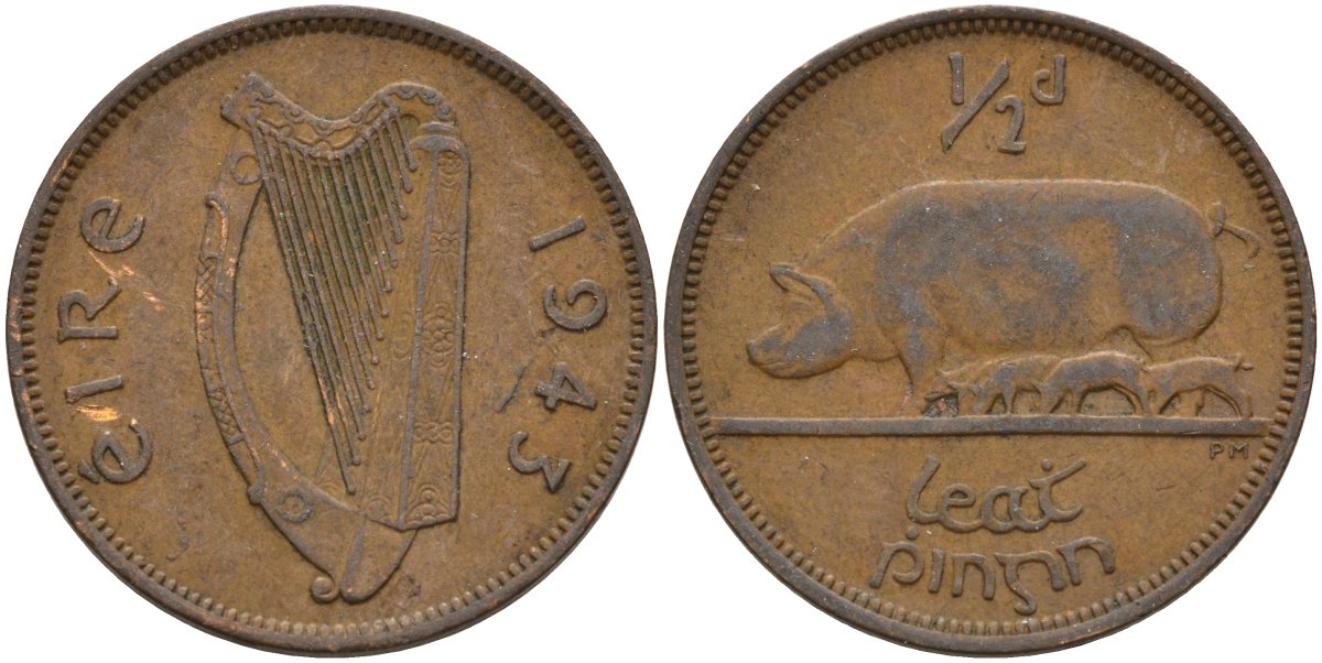 Ирландия 1/2 пенни 1943 свинья с поросятами KM 10 бронза 4146-541