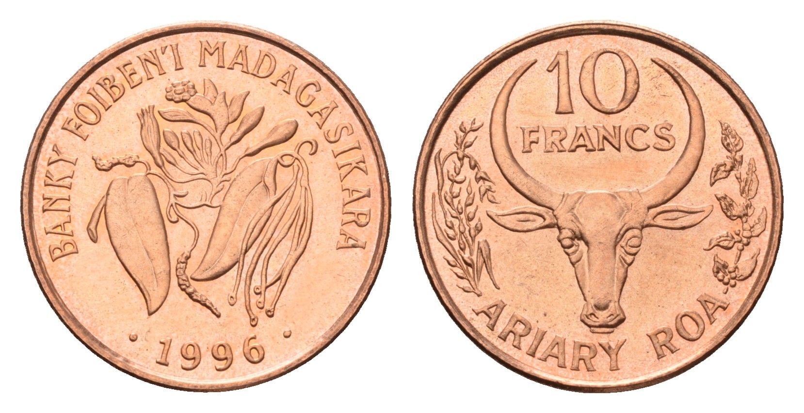 Мадагаскар 10 франков 1996 год-тип KM 22 сталь плакированная медью UNC 213-734