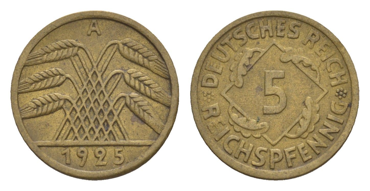 Германия 5 рейхспфеннигов 1925 A KM 39, J. 316 алюминиевая бронза 4659-151