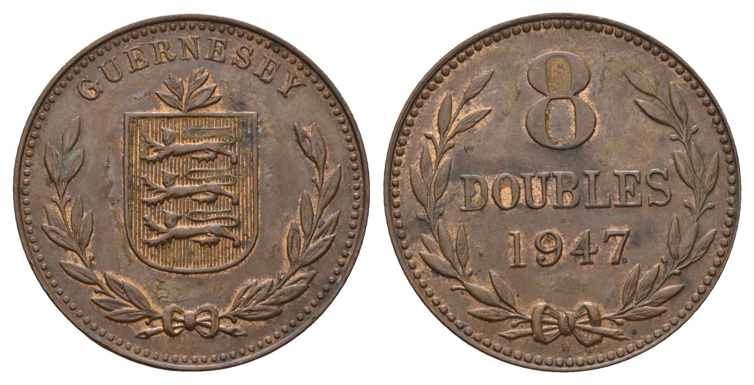 Гернси 8 даблов (дублей) 1947 KM 14 бронза 4593-523