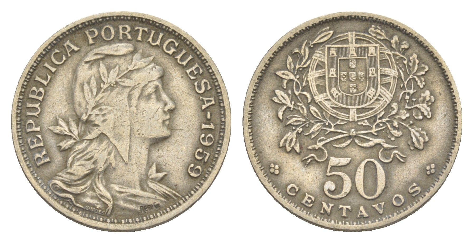 Португалия 50 сентаво 1959 голова Свободы вправо KM 577 никель латунь 4385-853