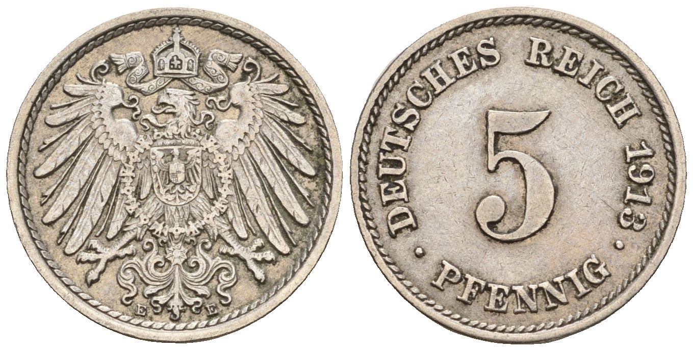 Германия 5 пфеннигов 1913 E, KM 11, J. 12 медно-никель 220-655