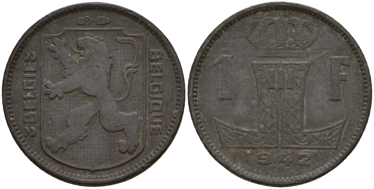 Бельгия 1 франк 1942 Belgique - Belgie, Леопольд III (1934-1947), германская оккупация, Вторая мировая война KM 127 цинк 4161-442