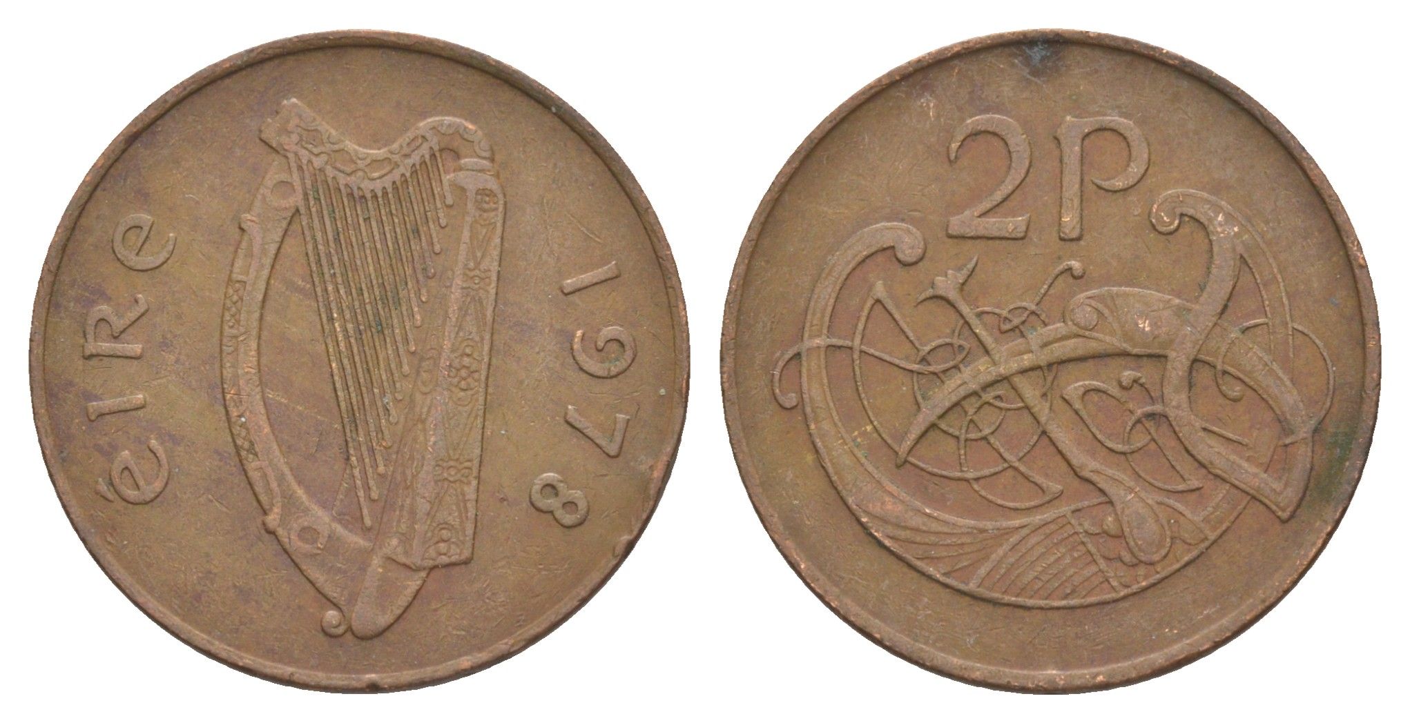 Ирландия 2 пенса 1978 виньетка в виде стилизованной птицы из второй библии Карла II Лысого KM 21 бронза 4514-1157