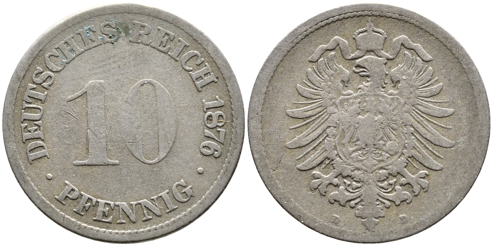 ГЕРМАНИЯ 10 ПФЕННИГОВ 1876 D, СТАРОГЕРБОВКА, KM 4, J. 4 медно-никель 83-1825