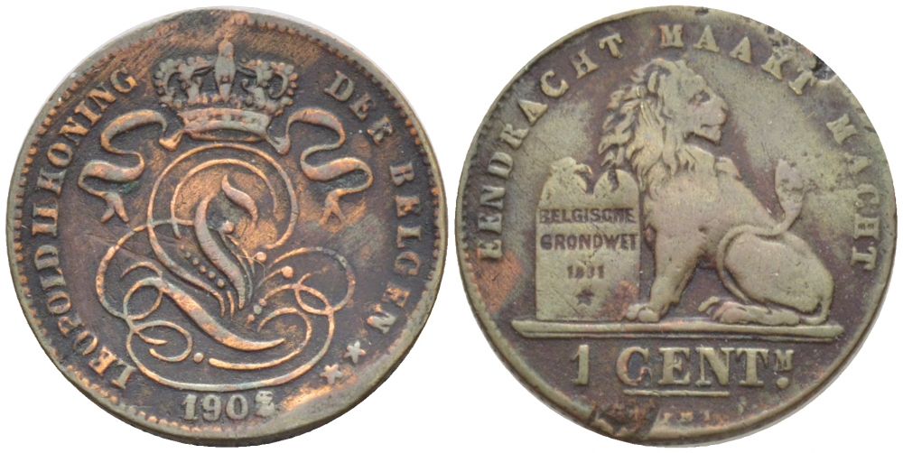 БЕЛЬГИЯ 1 САНТИМ 1902 BELGEN KM 34.1 медь 116-723