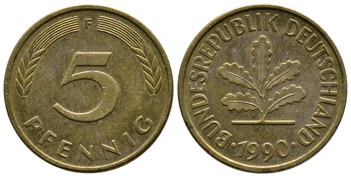 ФРГ 5 ПФЕННИГОВ 1990 F KM 107, J. 382 сталь плакированная латунью 26-846