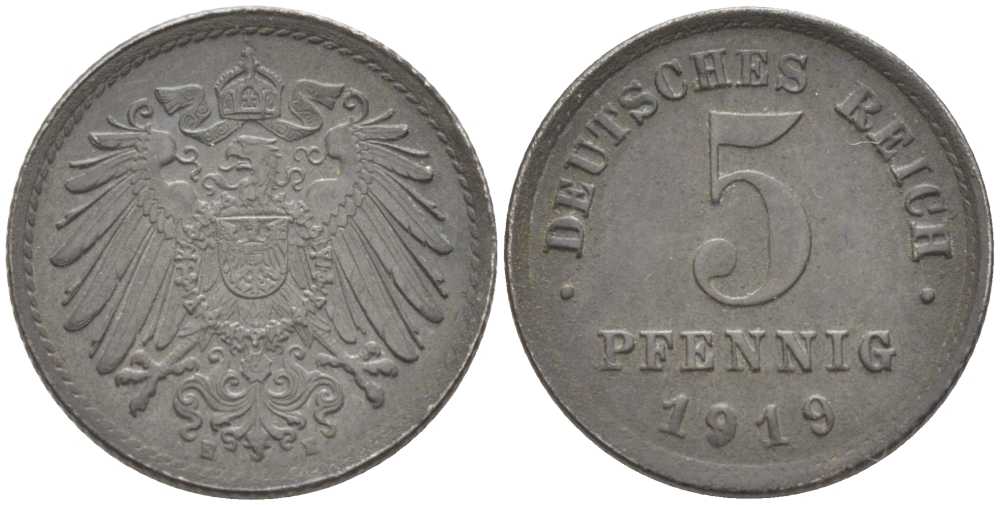 ГЕРМАНИЯ 5 ПФЕННИГОВ 1919 E KM 19, J. 297 железо 105-867