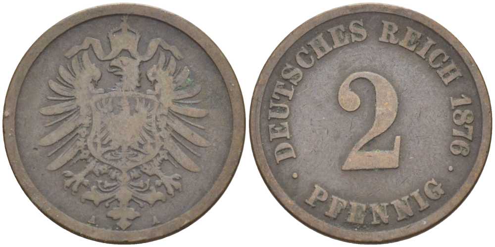 ГЕРМАНИЯ 2 ПФЕННИГА 1876 A, СТАРОГЕРБОВКА KM 2, J. 2, Weege 3 медь 212-614