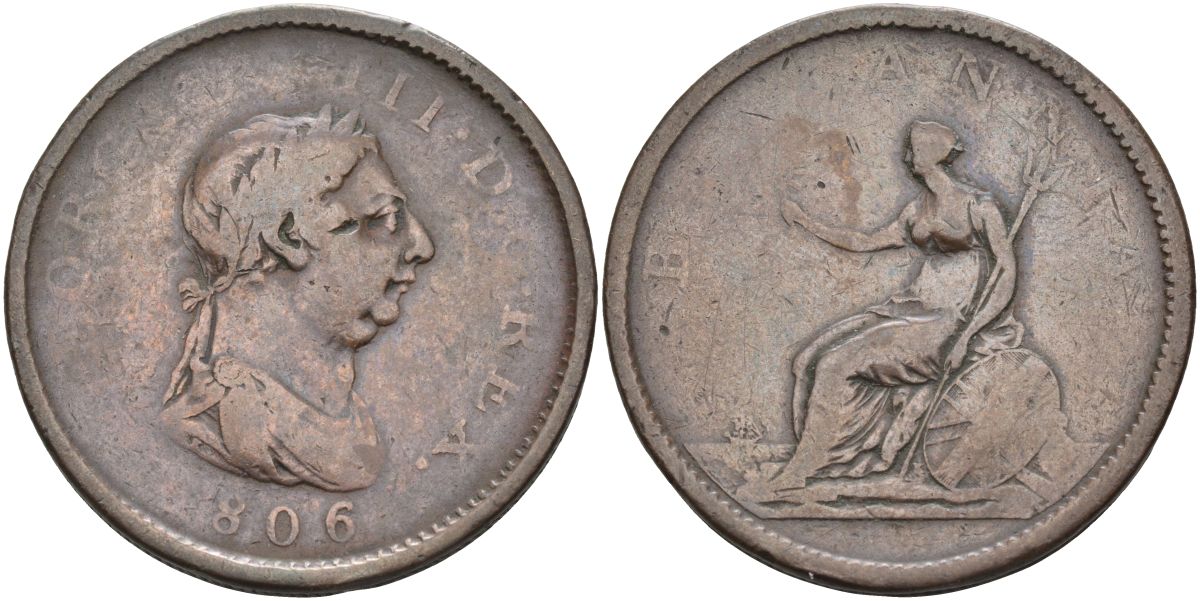 Великобритания 1 пенни 1806 Георг III (1760-1820) KM 663, Spink 3780 медь 4368-725