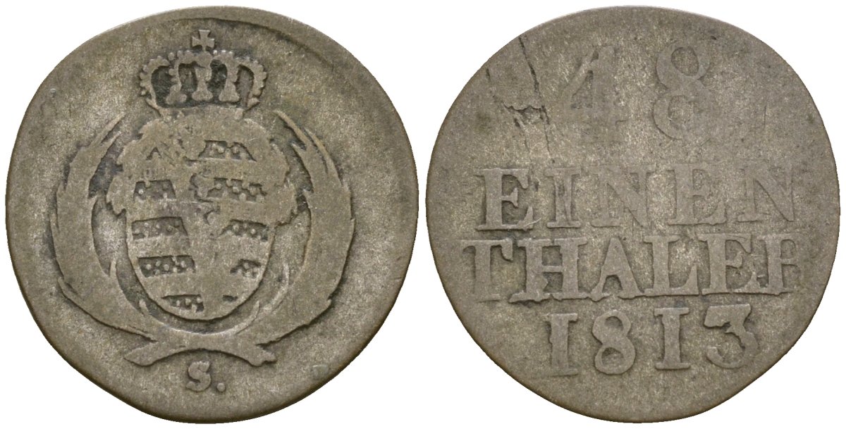 Саксония 1/48 талера 1813 S, Фридрих Август I (1806-1827) KM 1048 серебро 4147-221