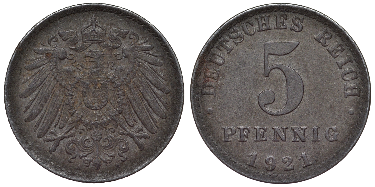 Германия 5 пфеннигов 1921 A KM 19, J. 297, Weege 5 железо 4118-1217