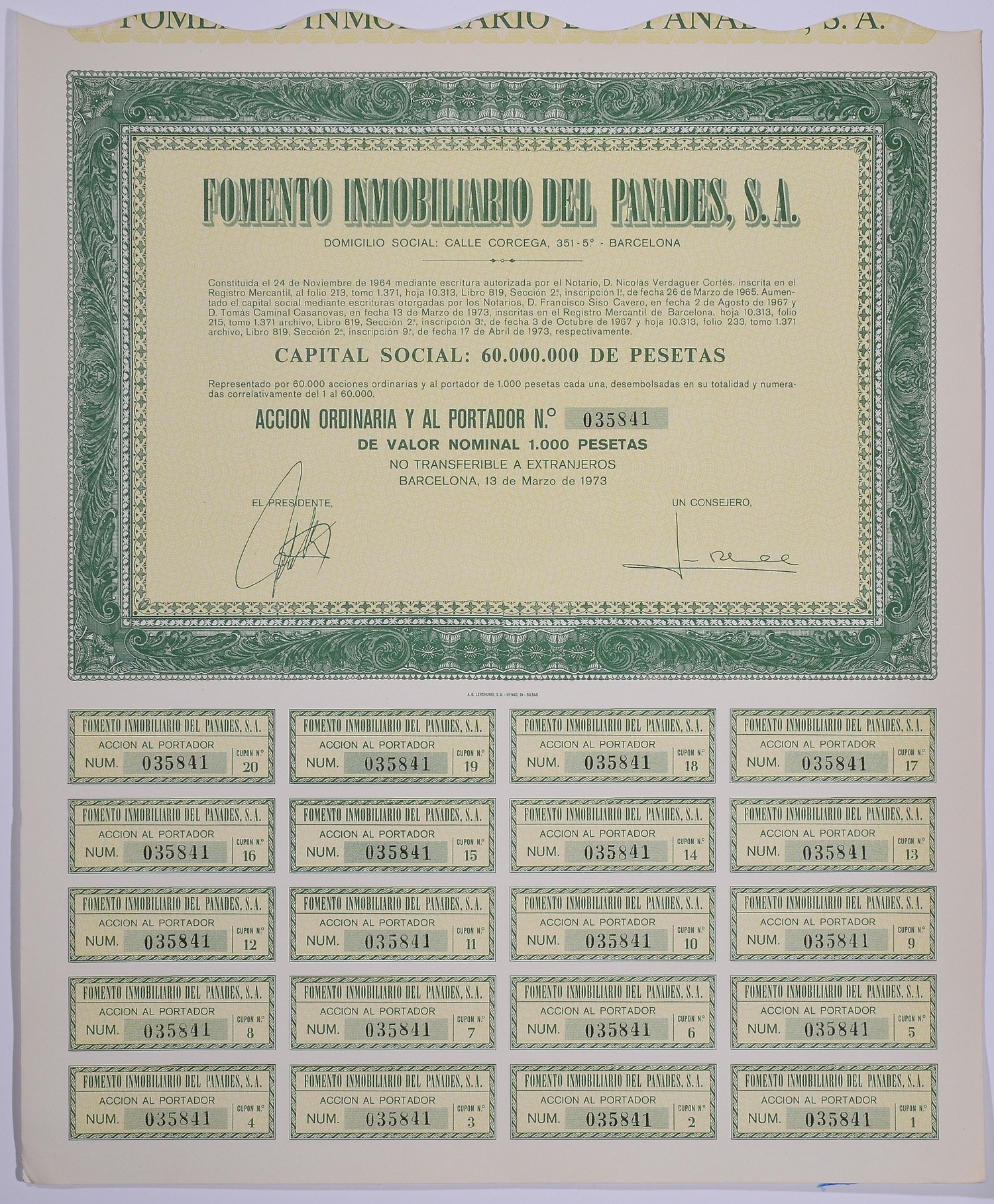 Испания акция на 1000 песет 1973 Fomento Inmobiliario del Panades, S.A., Барселона 1973, с купонами бумага 5544-12