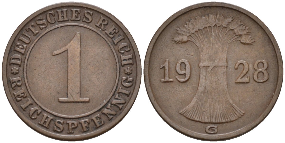 Германия 1 рейхспфенниг 1928 G KM 37, J.313, Weege 2 медь 4585-568