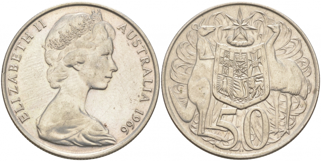 Австралия 50 центов 1966 Елизавета II (1952-2022), герб Австралии, кенгуру KM 67 серебро UNC 69-1023