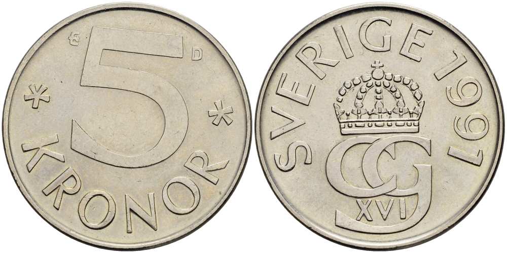 Швеция 5 крон 1991 D, Карл XVI Густав (1973- ) KM 853 медно-никель 4517-531