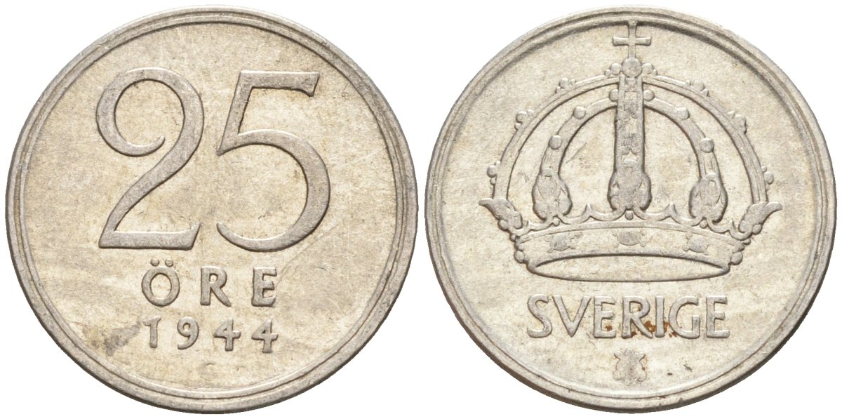 Швеция 25 эре 1944 G, Густав V (1907-1950) KM 816 серебро 4147-956