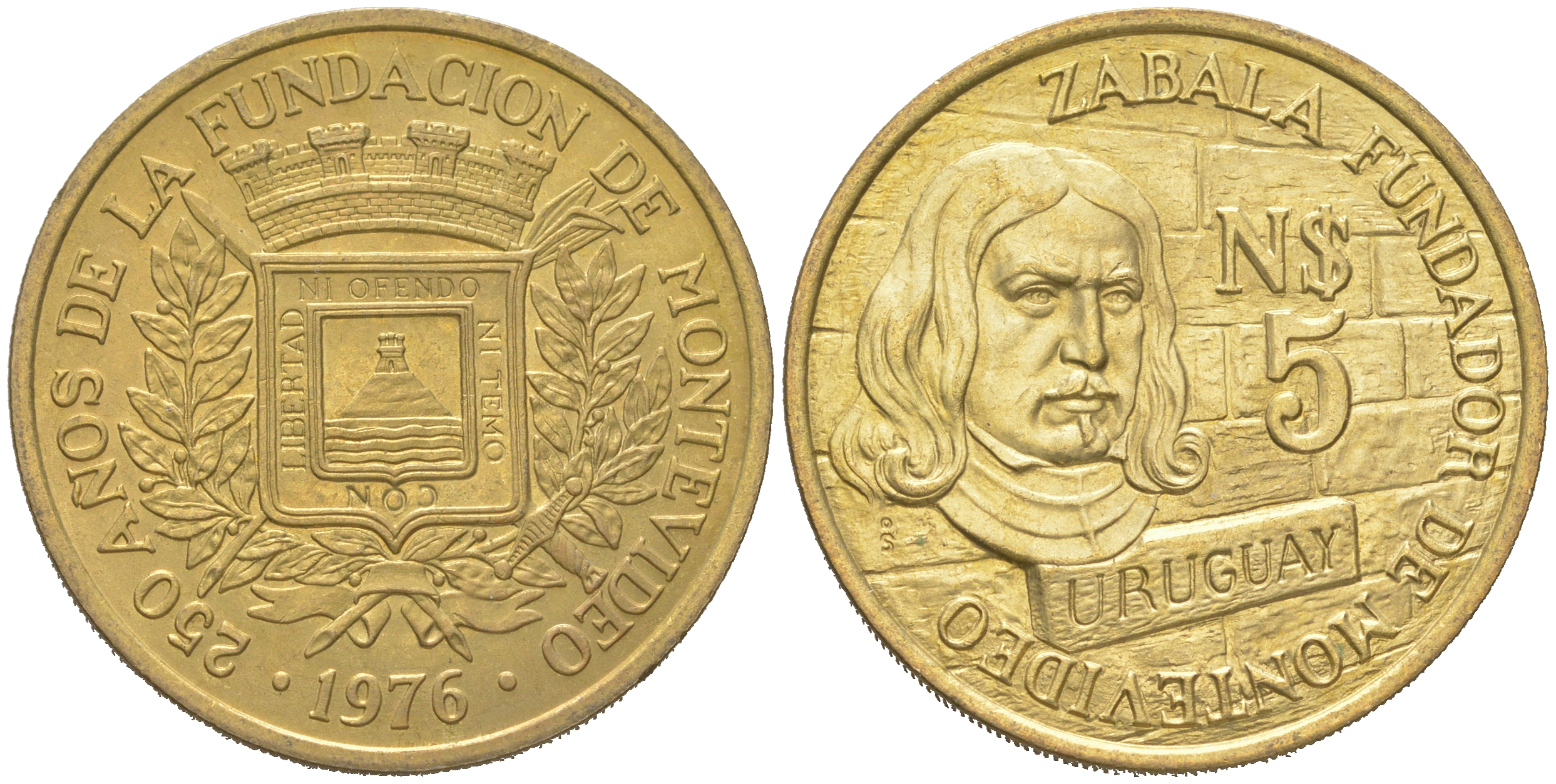 Уругвай 5 новых песо 1976 250 лет основания Монтевидео KM 70 медь алюминий  aUNC  M59-02