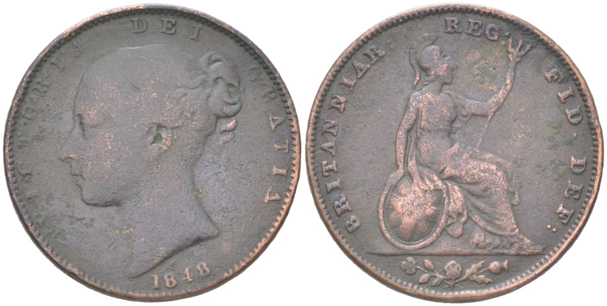 Великобритания 1 фартинг 1848 Виктория (1837-1901) KM 725, Spink 3950 медь 4613-414