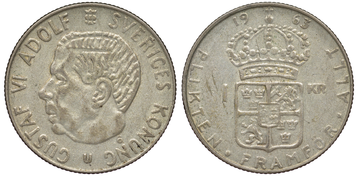 Швеция 1 крона 1963 U, Густав VI Адольф (1950-1973) KM 826 серебро 4178-455