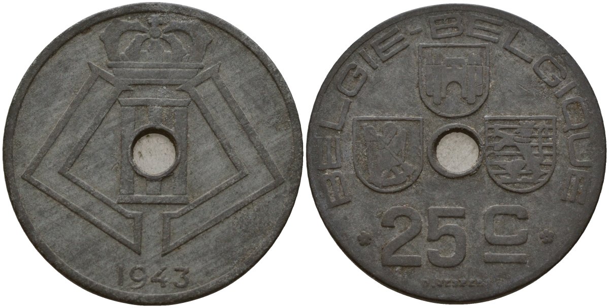 Бельгия 25 сантимов 1943 Belgie - Belgique, Леопольд III (1934-1947), германская оккупация, Вторая мировая война KM 132 цинк 4157-542