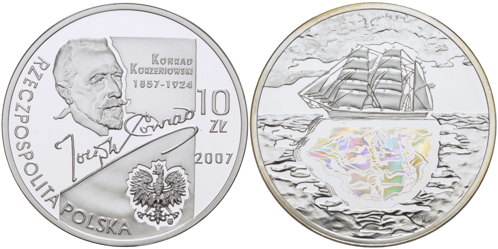 Польша 10 злотых 2007 MW, серия польские путешественники, (Джозеф Конрад), Юзеф Теодор Конрад Коженёвский, парусник, голограмма FISCHER 093 серебро PROOF 1087-7-33