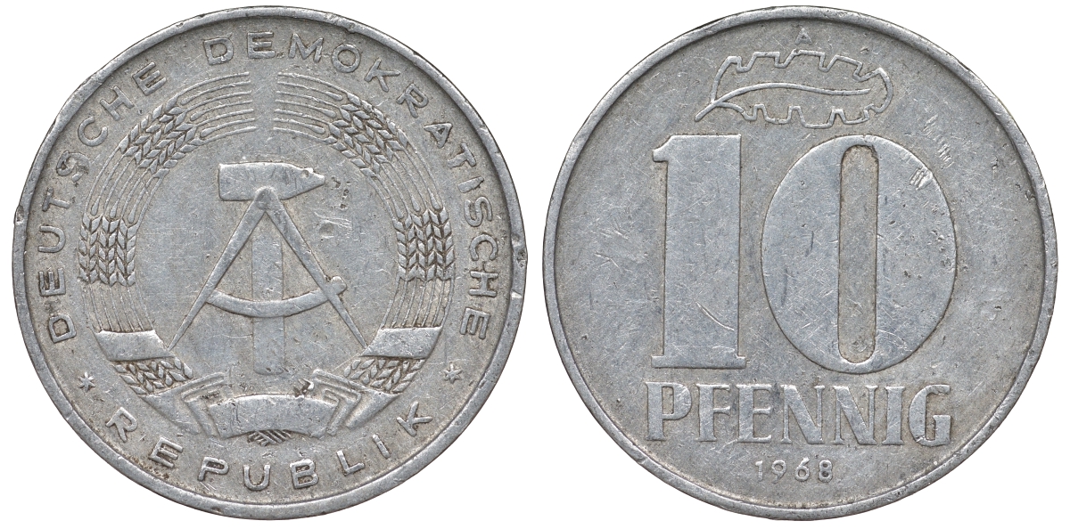 ГДР 10 пфеннигов 1968 A KM 10 алюминий 62-816