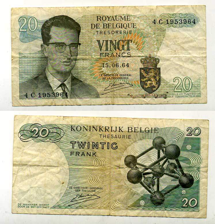 Бельгия 20 франков 1964 Бодуэн I, атомиум, Kestens Pick 138 (3) бумага 6289-34-2-1