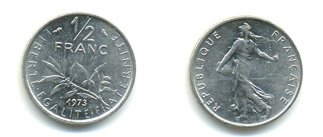 ФРАНЦИЯ 1/2 ФРАНКА 1973 KM 931.1 никель 25-926