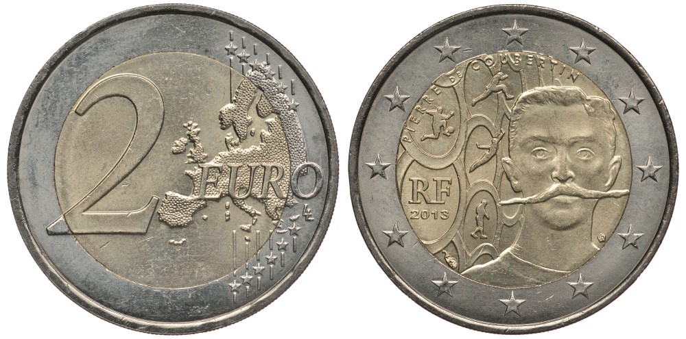 Франция 2 евро 2013 150 лет со дня рождения Пьера де Кубертена KM 2012 биметалл UNC 3856-633