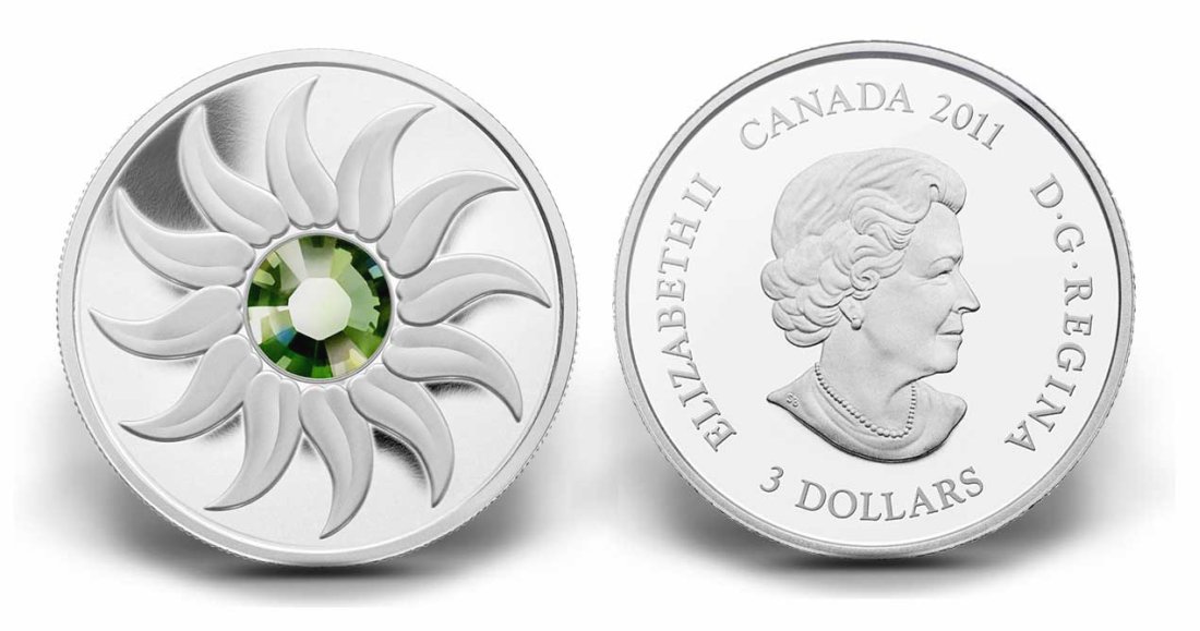 Канада 3 доллара 2011 на день рождения, август, камень месяца перидот KM NEW серебро PROOF 4-3-4-32
