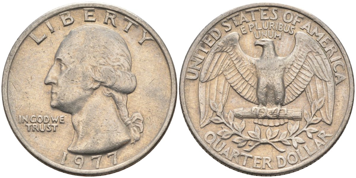 США 25 центов (квотер) 1977 Вашингтон KM A164a медь плакированная медно-никелем 4584-1051