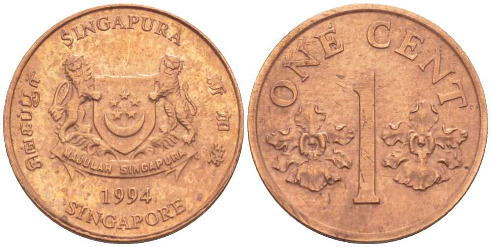 Сингапур 1 цент 1994 sm KM 98 цинк плакированный медью 261-538