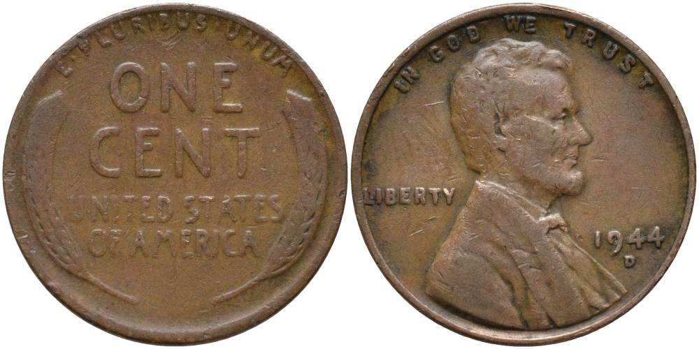 США 1 ЦЕНТ 1944 D, ЛИНКОЛЬН KM А132 медь цинк 4392-151