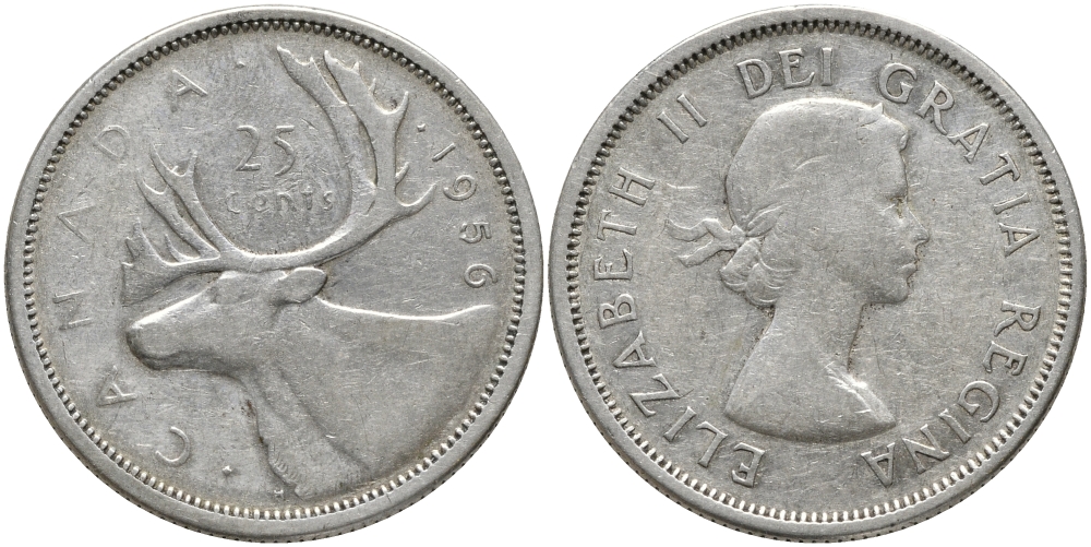 Канада 25 центов 1956 Елизавета II (1952-2022), олень KM 52 серебро 4385-1017