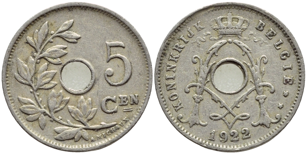БЕЛЬГИЯ 5 САНТИМОВ 1922 BELGIE KM 67 медно-никель 4396-349