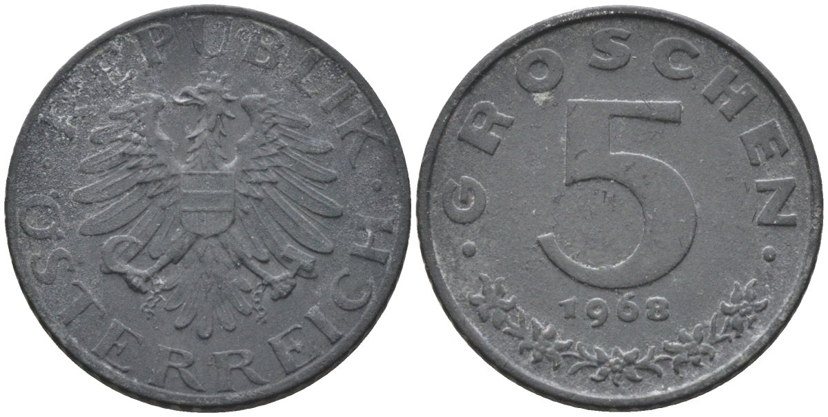 Австрия 5 грошей 1968 KM 2875 цинк 4594-321