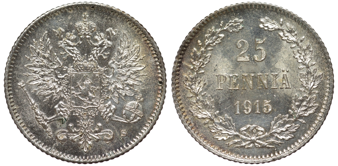 Россия для Финляндии 25 пенни 1915 S, Николай II (1894-1917) KM 6.2, Биткин 420 серебро 75-1217