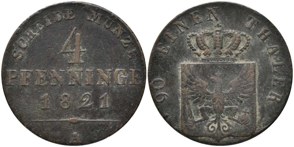 Пруссия 4 пфеннига 1821 А, Фридрих Вильгельм III (1797-1840) KM 408, Olding 188, Jaeger 45, AKS 32 медь 4448-1152